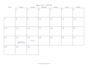 April 2024 Calendar with Jewish holidays