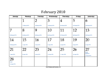 February 2010 Calendar with Jewish equivalents and holidays 