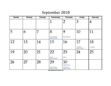 September 2010 Calendar with Jewish holidays 
