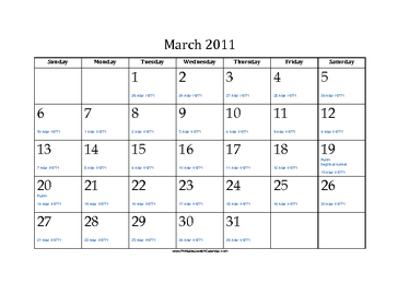 March 2011 Calendar with Jewish equivalents and holidays 