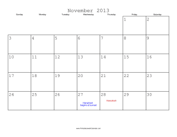 November 2013 Calendar with Jewish holidays 