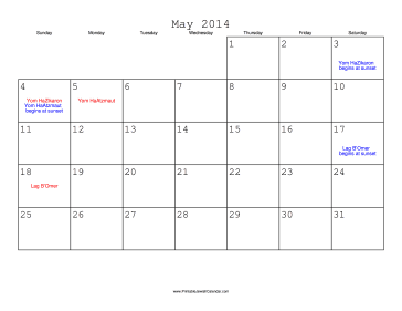 May 2014 Calendar with Jewish holidays 