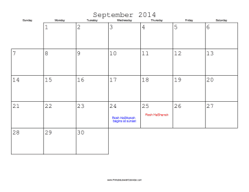 September 2014 Calendar with Jewish holidays 