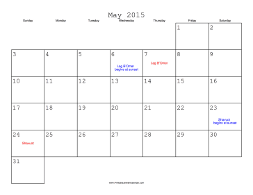 May 2015 Calendar with Jewish holidays 