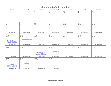 September 2015 Calendar with Jewish equivalents 