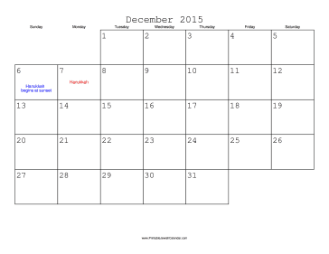 December 2015 Calendar with Jewish holidays 