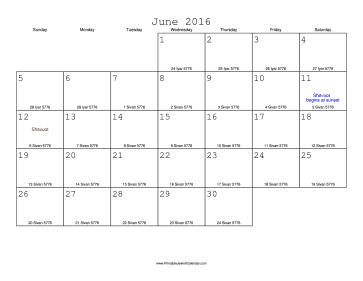 June 2016 Calendar with Jewish equivalents 