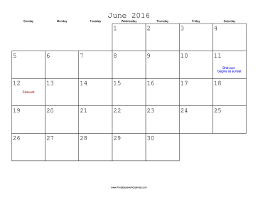 June 2016 Calendar with Jewish holidays 