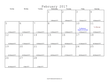 February 2017 Calendar with Jewish equivalents 