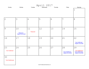 April 2017 Calendar with Jewish holidays 