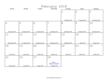February 2018 Calendar with Jewish equivalents 