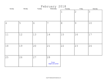 February 2018 Calendar with Jewish holidays 