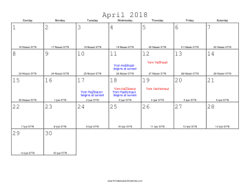 April 2018 Calendar with Jewish equivalents 