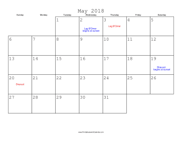 May 2018 Calendar with Jewish holidays 
