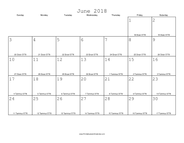 June 2018 Calendar with Jewish equivalents 
