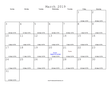March 2019 Calendar with Jewish equivalents 
