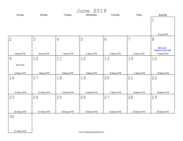 June 2019 Calendar with Jewish equivalents 