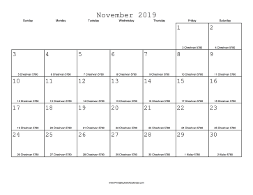 November 2019 Calendar with Jewish equivalents 