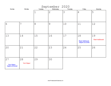 September 2020 Calendar with Jewish holidays 