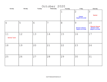 October 2020 Calendar with Jewish holidays 