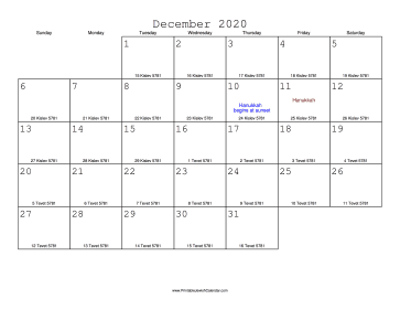 December 2020 Calendar with Jewish equivalents 