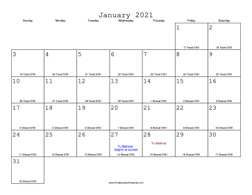 January 2021 Calendar with Jewish equivalents 