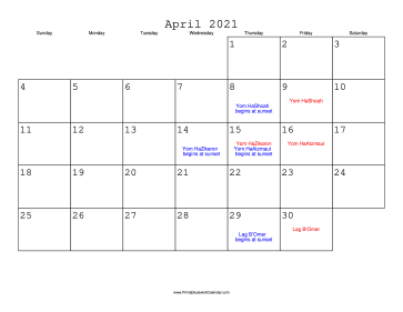 April 2021 Calendar with Jewish holidays 