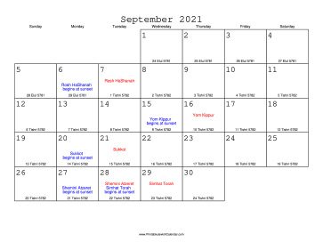 September 2021 Calendar with Jewish equivalents 