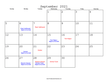 September 2021 Calendar with Jewish holidays 