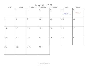 August 2022 Calendar with Jewish holidays 