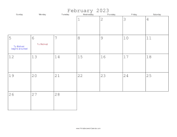 February 2023 Calendar with Jewish holidays 