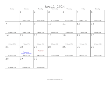 April 2024 Calendar with Jewish equivalents 