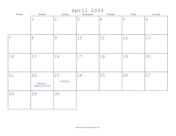 April 2024 Calendar with Jewish holidays 