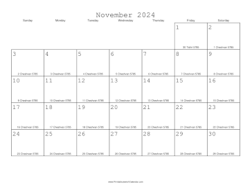 November 2024 Calendar with Jewish equivalents 