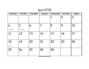 Iyar 5770 Calendar 