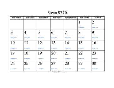 Sivan 5770 Calendar with Gregorian equivalents 