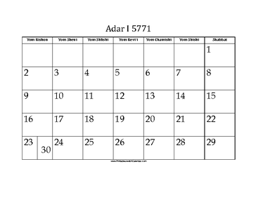 Adar_I 5771 Calendar 