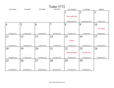 Tishri 5772 Calendar with Gregorian equivalents 