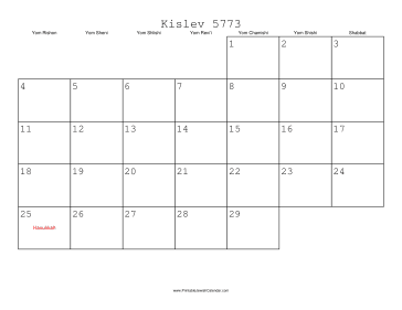Kislev 5773 Calendar 