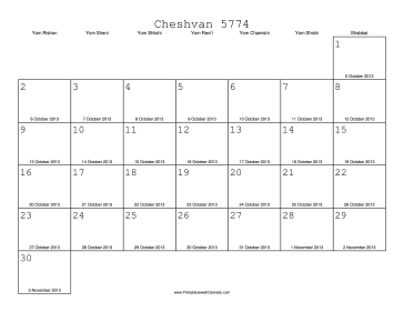 Cheshvan 5774 Calendar with Gregorian equivalents 