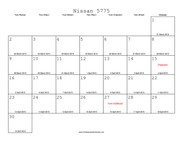 Nissan 5775 Calendar with Gregorian equivalents 