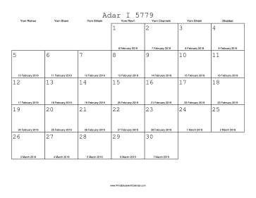 Adar I 5779 Calendar with Gregorian equivalents 