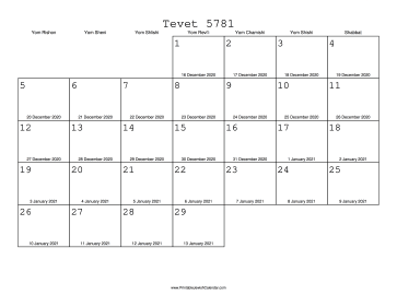 Tevet 5781 Calendar with Gregorian equivalents 