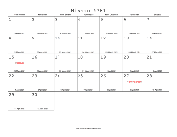 Nissan 5781 Calendar with Gregorian equivalents 