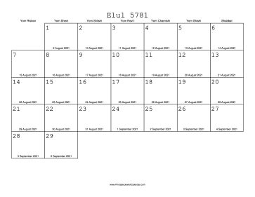 Elul 5781 Calendar with Gregorian equivalents 