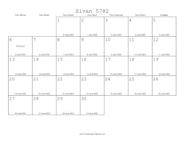 Sivan 5782 Calendar with Gregorian equivalents 