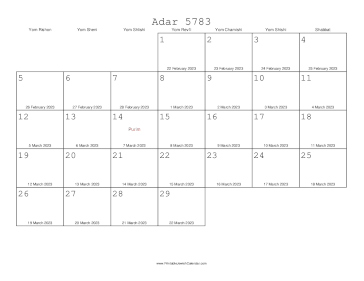 Adar I 5783 Calendar with Gregorian equivalents 