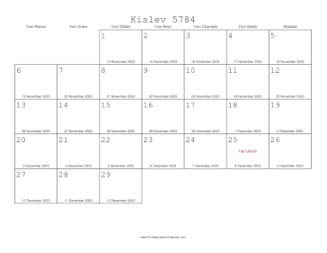 Kislev 5784 Calendar with Gregorian equivalents 