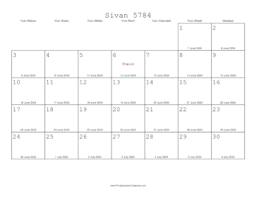 Sivan 5784 Calendar with Gregorian equivalents 