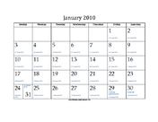 January 2010 Calendar with Jewish equivalents and holidays